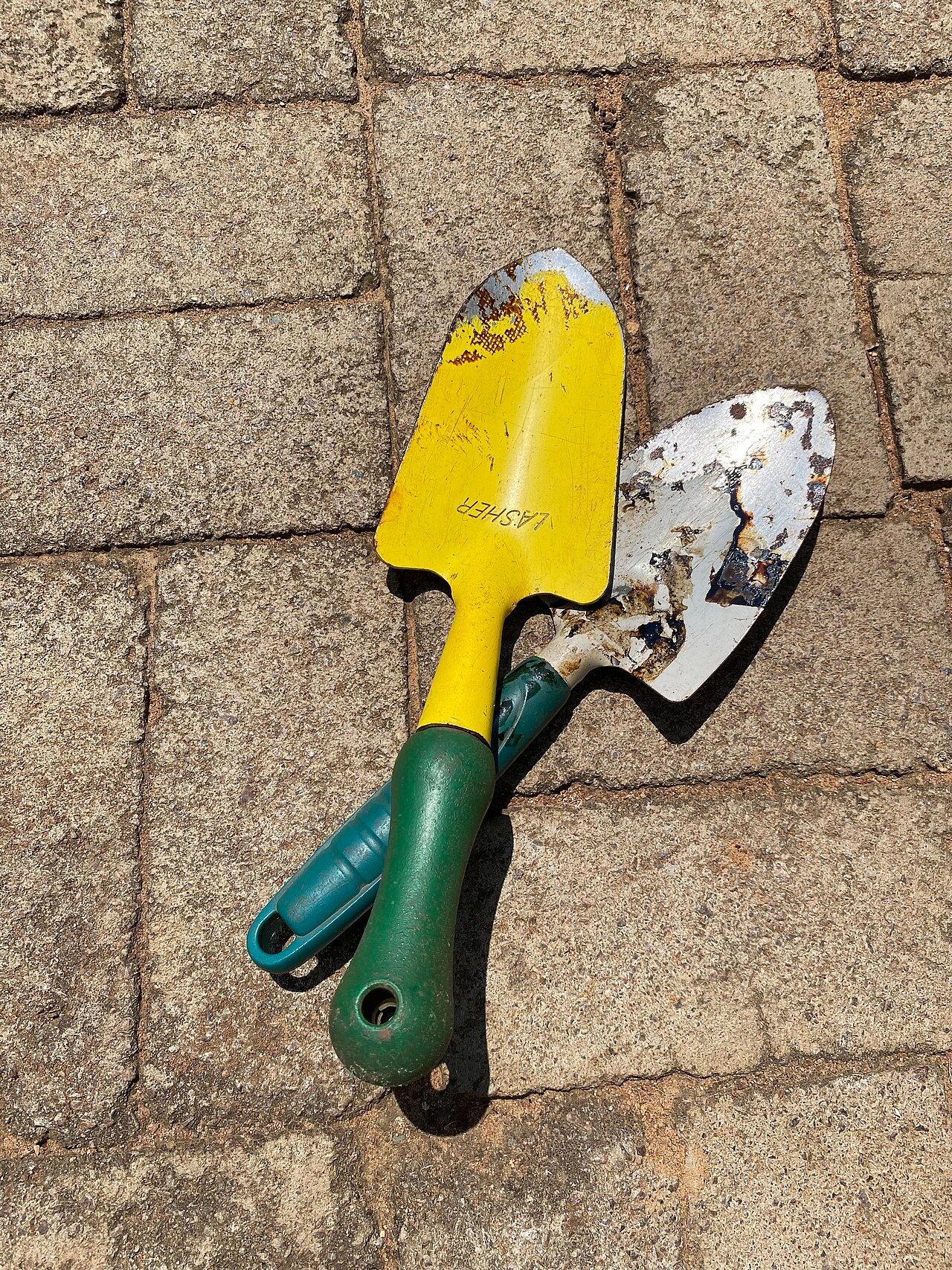 Two handheld garden trowels used for transplanting and planting