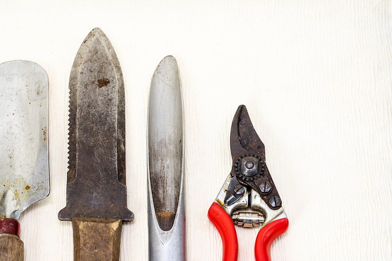 Collection of garden tools arranged in a row for garden maintenance