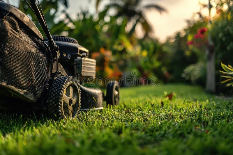 Mowing as part of a residential yard maintenance routine